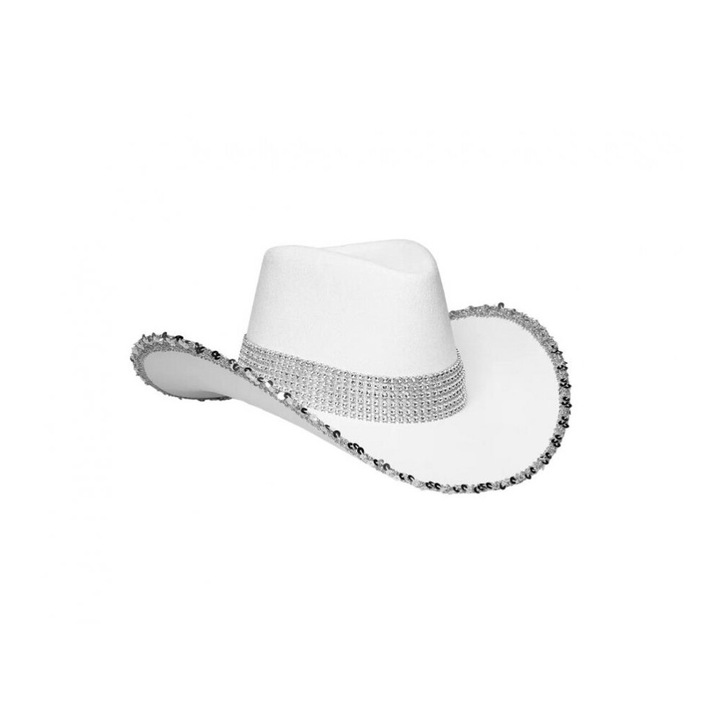 Női cowboy sapka, fehér, arany kövekkel (cowgirl)