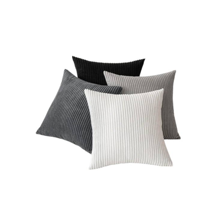 Set de 4 fete de perna, MIULEE, din material moale si catifelat, model in dungi, 45 x 45 cm, Alb, gri si negru