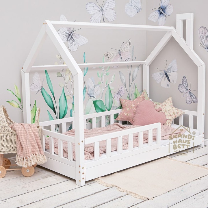 Детско легло тип къща с предпазна преграда, Сканди, БЕЛ НУО, Бяло, Естествено борово дърво, 100x200