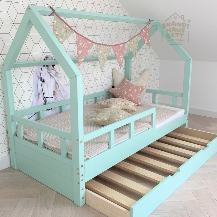 Детско легло тип къща с предпазна преграда, Сканди, ЗВЪНЧЕ, С чекмедже, Мента, Естествена борова дървесина, 90x200
