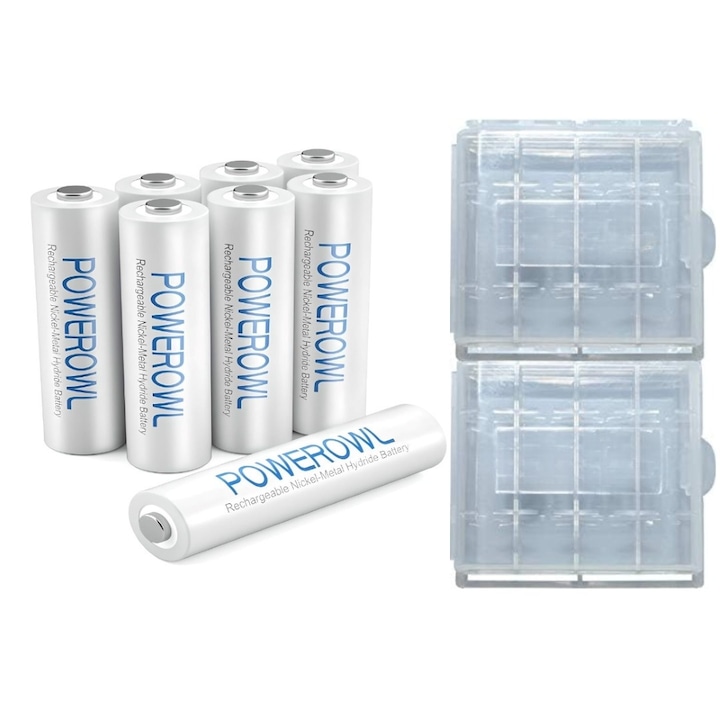 Baterii reincarcabile POWEROWL® AAA 8 buc, HR03, 1.2V, acumulatori Ni-MH de 1000 mAh reincarcabili, incarcare rapida, 2 cutii de depozitare incluse
