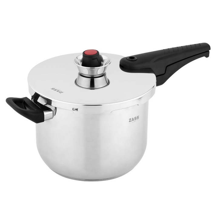 Oala sub presiune din otel inoxidabil cu sistem dublu de siguranta ZASS Gourmet ZG-SSPC 01, 6 L, Baza de 5.5 cm, 80Kpa (0,8 bari), Manere termorezistente din bachelita, Compatibila cu multiple surse de incalzire, Argintiu