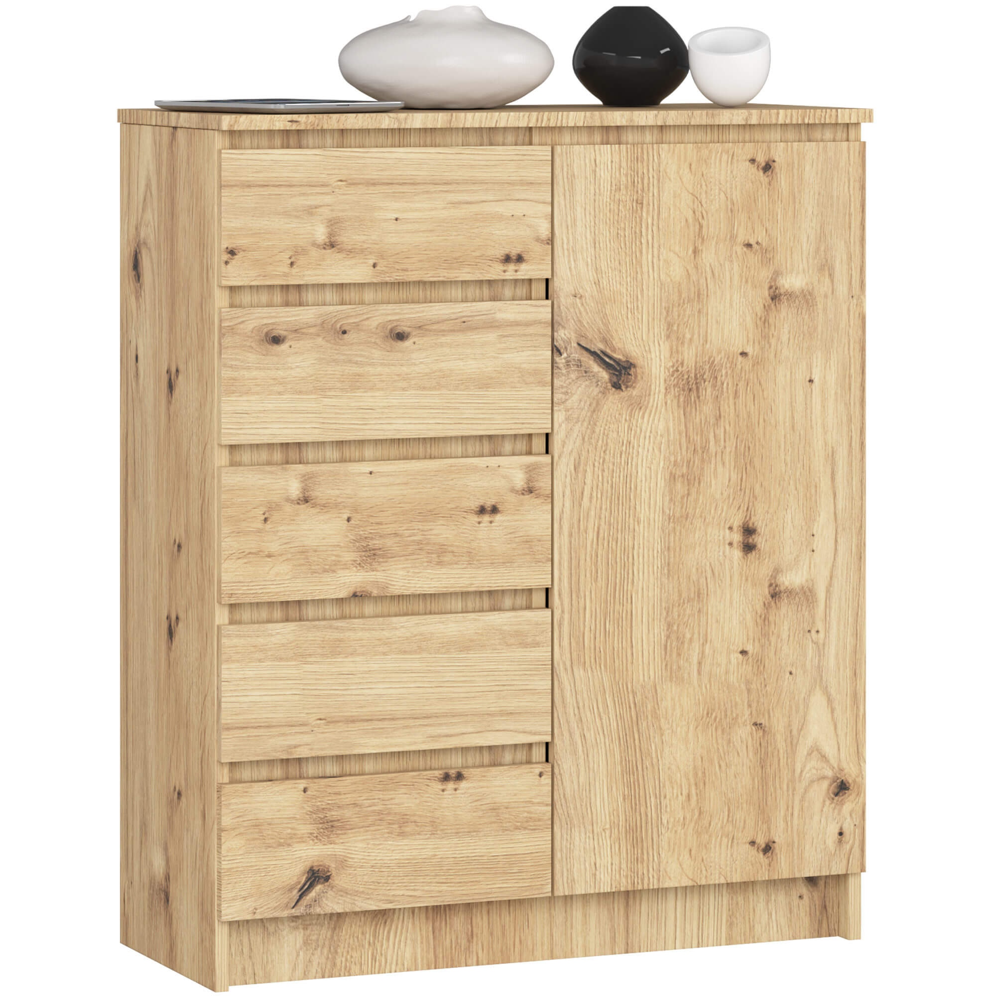 Comoda 80 cm, Akord, 1 usa, 5 sertare, Stejar Artisan, 80x97x35 cm