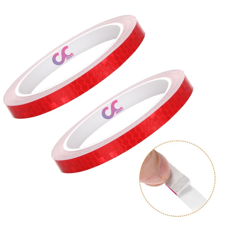 Set 2 x Banda Rosie CCmax Lata de 1 cm Autoadeziva Reflectorizanta pentru Semnalizare si Vizibilitate Sporita in Trafic, Tuning Masina, Motocicleta, Bicicleta, Trotineta Electrica, Model Hexagonal, lungime 8 m