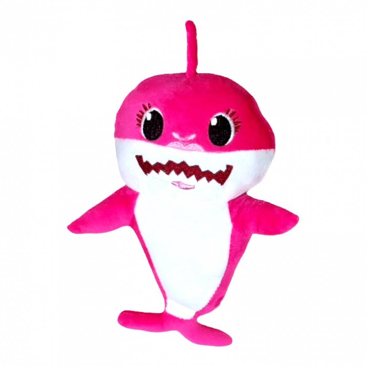 Jucarie din plus, baby shark, rechin cu detalii brodate, 27 cm, roz