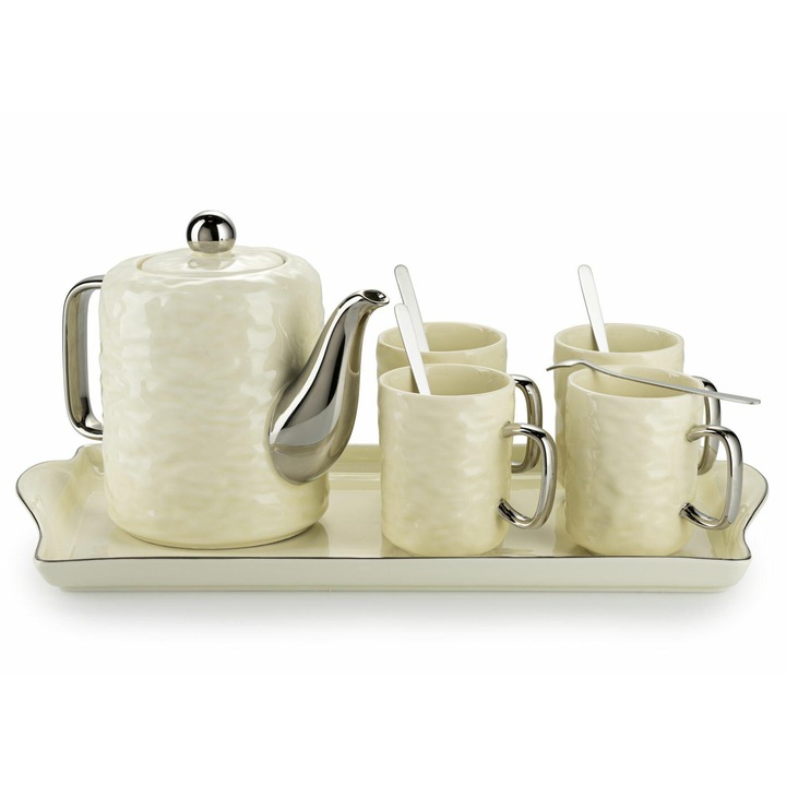 Serviciu De Cafea, Howhomely, Selena Silver Cream, Design Modern, Model Subtil In Relief, Manere Metalice, Crem