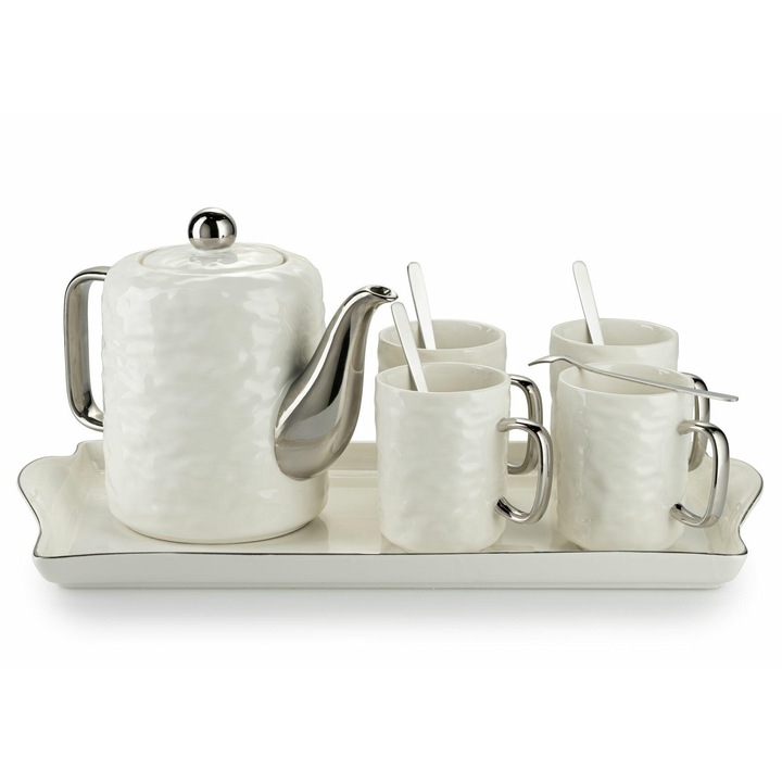 Serviciu De Cafea, Howhomely, Selena Silver White, Design Modern, Model Subtil In Relief, Manere Metalice, Alb