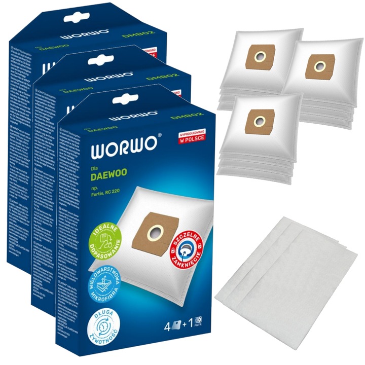 Set 12 saci pentru aspirator, WORWO DMB02K, Compatibil cu DAEWOO Fortis, RC 220