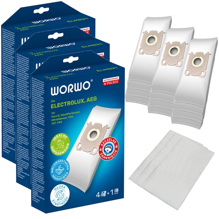 Set 12 saci pentru aspirator, WORWO ELMB21, Compatibil cu ELECTROLUX AEG
