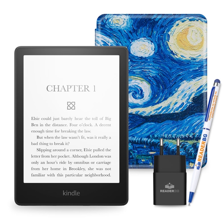 Комплект eBook четец Amazon Kindle Paperwhite 2024 (12th Gen), 16 GB, Дисплей 7", Черен, Калъф Звездна нощ, 4 части