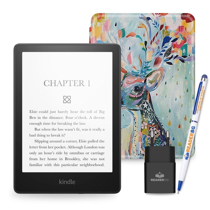 Комплект eBook четец Amazon Kindle Paperwhite 2024 (12th Gen), 16 GB, Дисплей 7", Черен, Калъф Елен, 4 части