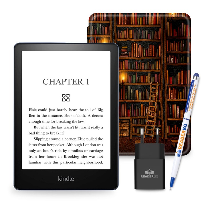 Комплект eBook четец Amazon Kindle Paperwhite 2024 (12th Gen), 16 GB, Дисплей 7", Черен, Калъф Библиотека, 4 части