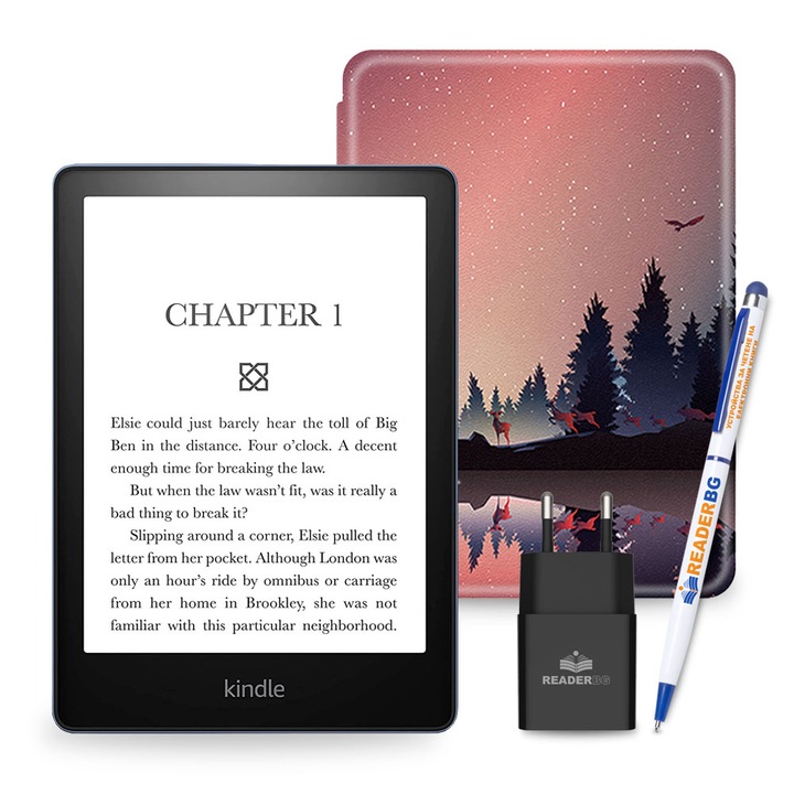 Комплект eBook четец Amazon Kindle Paperwhite 2024 (12th Gen), 16 GB, Дисплей 7", Черен, Калъф Залез, 4 части