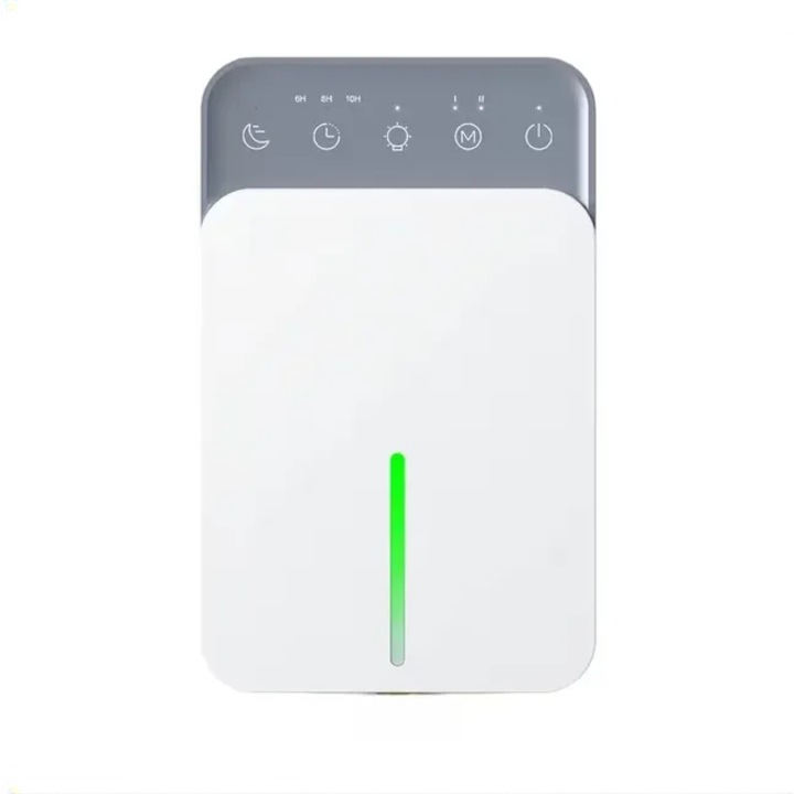 Dezumidificator, uscare higroscopica, memento rezervor plin, lumina de noapte, cronometru, functionare silentioasa, alb