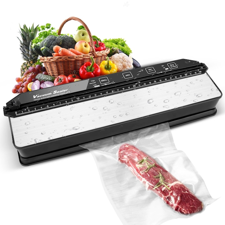 Уред за вакуумиране и запечатване на храни, MOSMAOO®, мокър/сух вакуум, 3 температури, 145W, 70kpa, Сензорно управление, Автоматична вакуумна функция, Вграден нож, с 15 торбички 20x25cm, Черен/Сив
