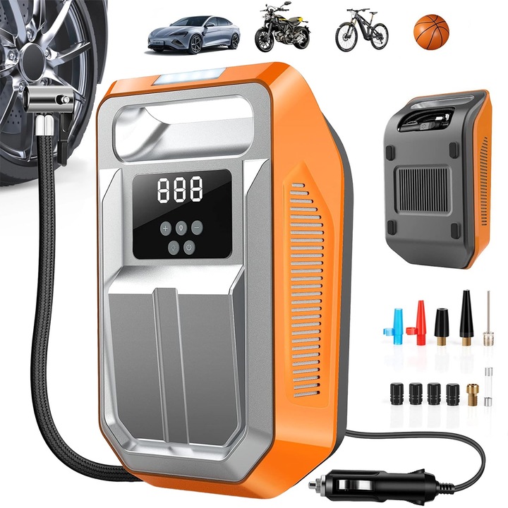 Компресор за кола, BYONDSELF®, 120W, 36L/min, DC 12V, 3m захранващ кабел, LED светлина, автоматично изключване, 6 дюзи, 15×8×26 cm, оранжево/сребристо