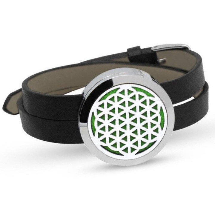 Bratara aromaterapie, smart, Otel inoxidabil, piele PU mata, tip difuzor pentru uleiuri esentiale, parfumuri sau alte arome, Flower of Life, medalion negru, curea neagra