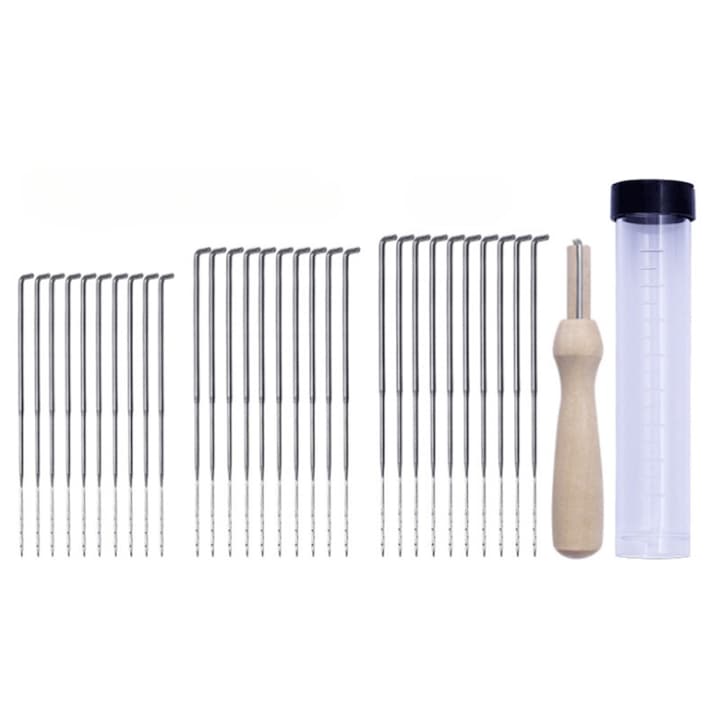 Set 32 accesorii impaslire, Kit de ace de impasla, instrumente de pasla de lana Perforator cu sticle si suport pentru maner din lemn, Pentru pasla de lana, ace de intepatura, Metal/Lemn, Argintiu