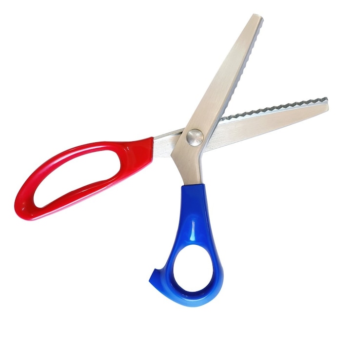 Шивашка ножица, от никелирана въглеродна стомана, назъбени остриета за рязане на зигзаг, многофункционална, триъгълна, дължина 23 см (9″)