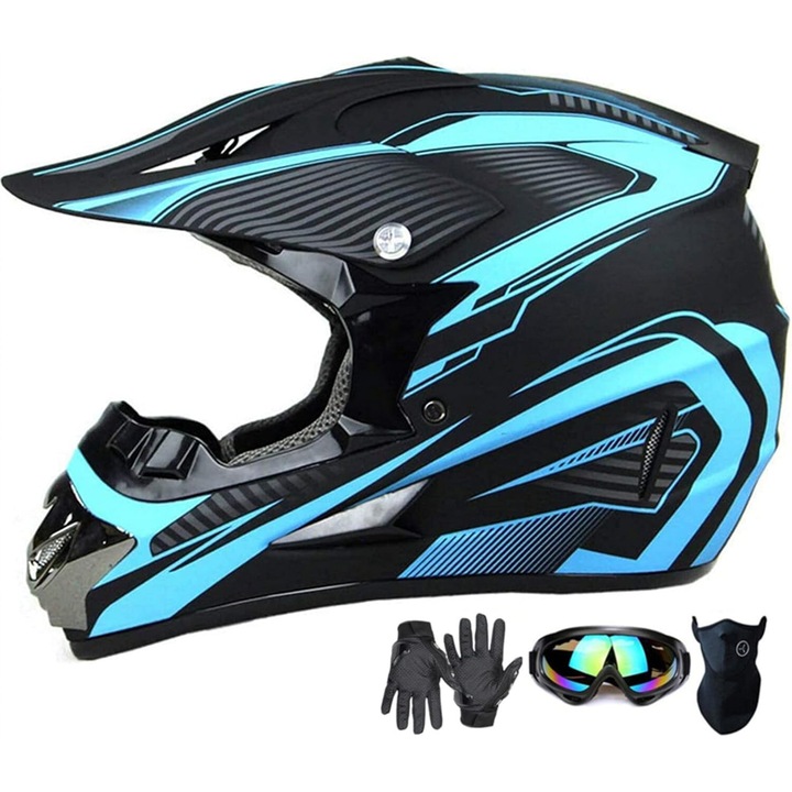 Casca Mountain Bike cu ochelari, manusi, viziera, albastru si negru, set Motocross pentru adulti, mare, L