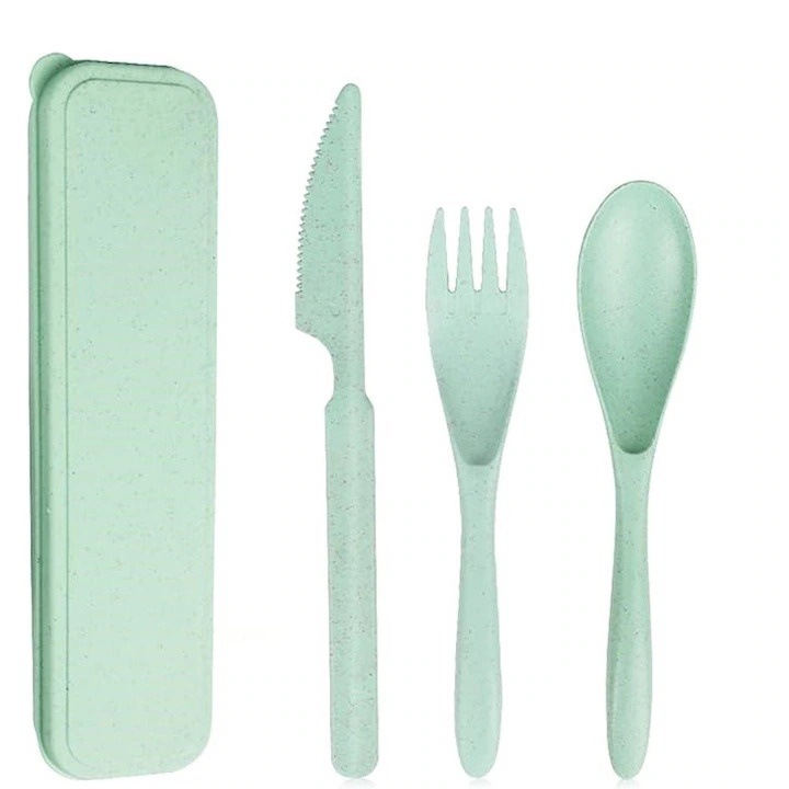 Комплект прибори за многократна употреба, зелен, 3 части, 8,4x2,2 инча