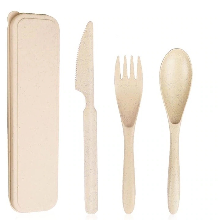 Комплект прибори за многократна употреба, бежов, изработен от пшенична слама