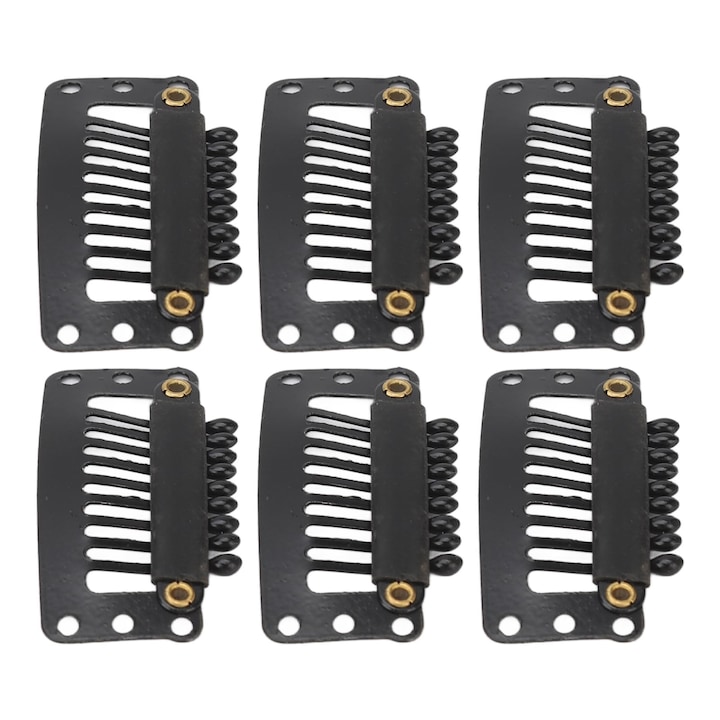 Set 6 clips pentru peruci, 6 bucati cleme negre cu 9 dinti pentru a coase in cleme pentru peruci pentru a fixa peruci cleme pentru par extensii de par peruci cleme cu clema pieptene pentru femei, otel inoxidabil, negru