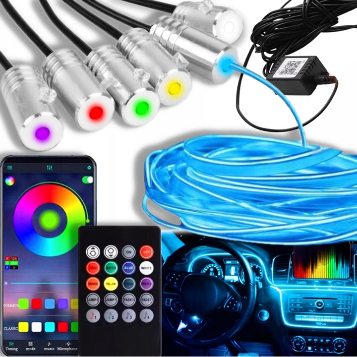 Комплект за амбиентно осветление за автомобил с 6 RGB светодиода, Excitat®, 8 м, многофункционален, дистанционно управление, DC кабел, студена светлина, Bluetooth връзка, управление чрез приложение, за модификации на автомобил, многоцветен