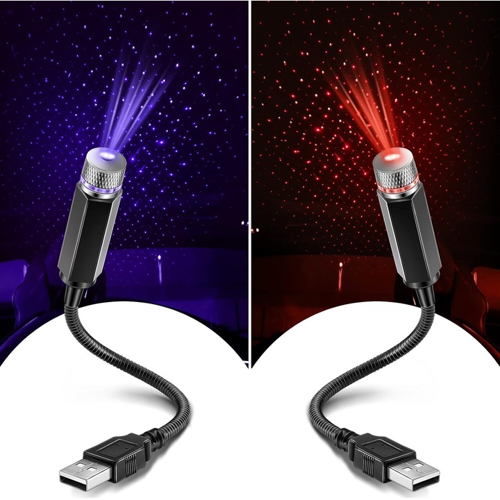 2 darabos autós hangulatvilágítás szett, Excitat®, USB csillagos égbolt autólámpa, LED éjszakai fény, hordozható és állítható, ideális autóbelsőbe, mennyezetre, hálószobába vagy partidekorációba, piros és kék