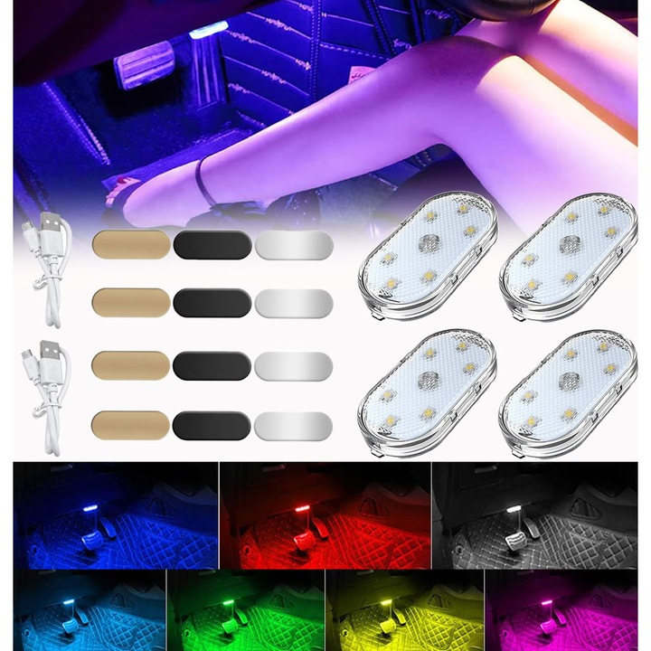 Комплект от 4 автомобилни амбиентни светлини, Excitat®, модел с магнитно закрепване, сензорен, USB за кола, сензор за докосване, LED за промени, гласово управление, многоцветен