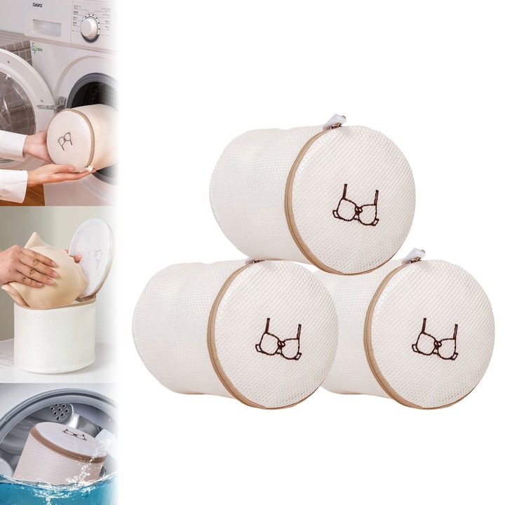 Set 3 saci de spalat rufe, Domax, poliester, bej, Include 1 punga de depozitare,17x17cm