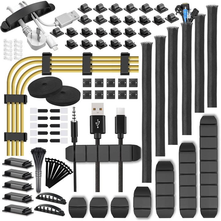 Комплект за управление на кабели, Excitat®, 188 части, кабелни муфи, кабелни скоби, кабелни връзки, ролки самозалепваща се кабелна лента, регулируема, сваляща се, идеална за управление на кабели, за домашен офис, черен