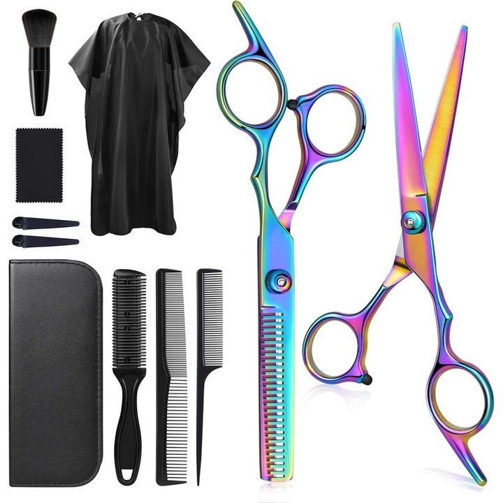 Set profesional de foarfeci de tuns, 11 accesorii, otel inoxidabil, albastru