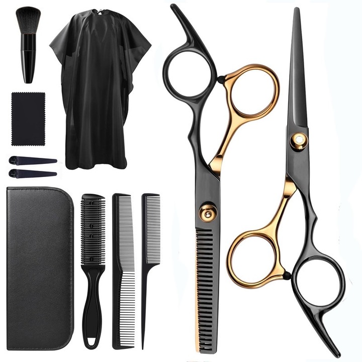 Set profesional de foarfeci de tuns, 11 accesorii, otel inoxidabil, negru