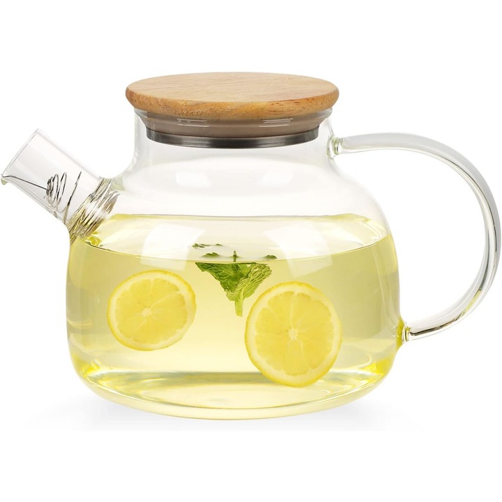 Чайник от топлоустойчиво боросиликатно стъкло, капацитет 950 ml, бамбуков капак, филтър от неръждаема стомана