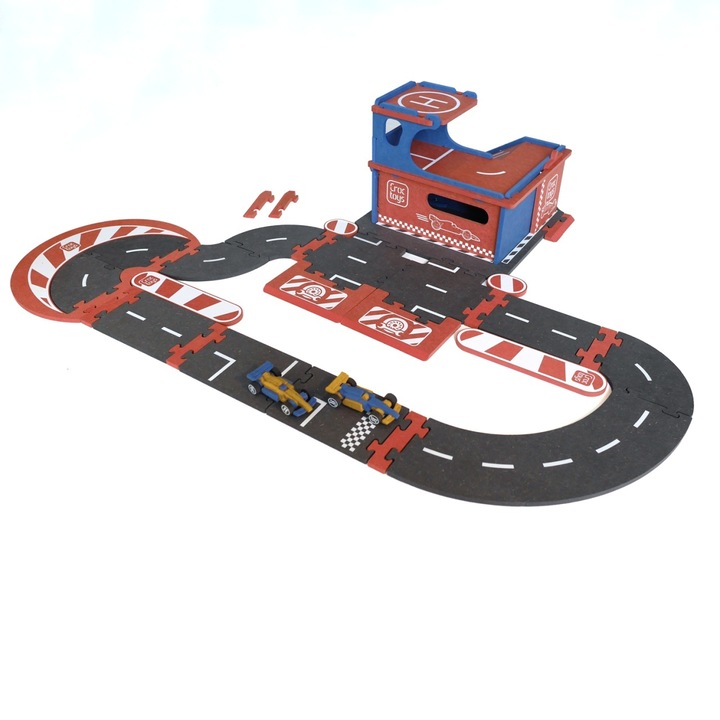 Set de constructie Garaj modular cu pista si 2 masini de curse, Croc toys, din Valchromat® si lemn de fag, 25 piese de pista