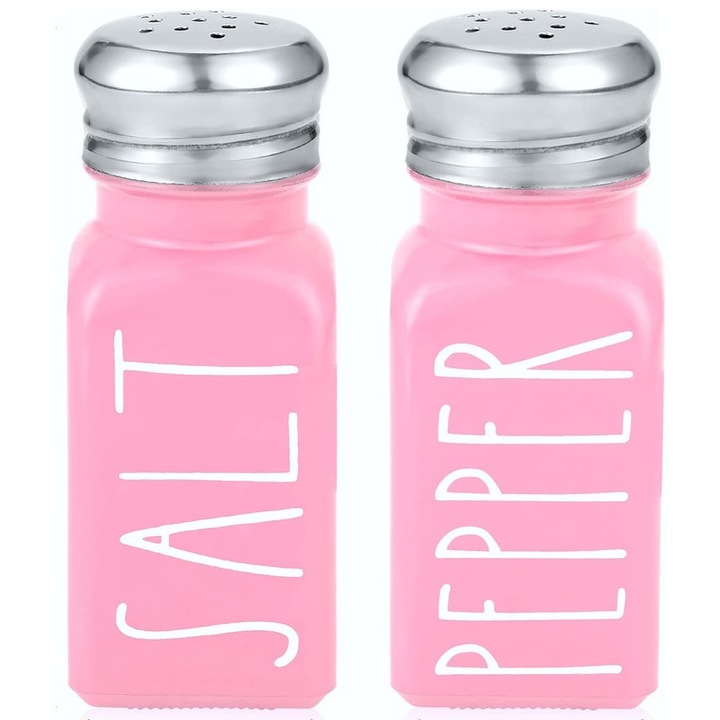 Set de 2 rasnite pentru sare si piper, sticla cu capace din otel inoxidabil, roz