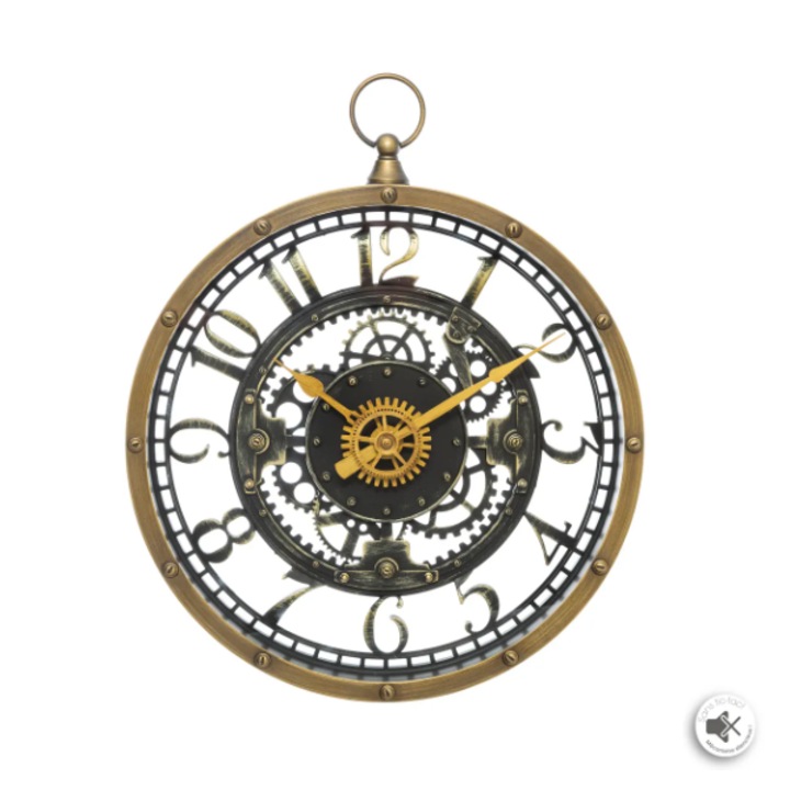 Стенен часовник за интериор, Винтидж, полиетилен, модел на зъбни колела, аналогов, безшумен, включена батерия, злато с черно, Ø 26, 7 cm