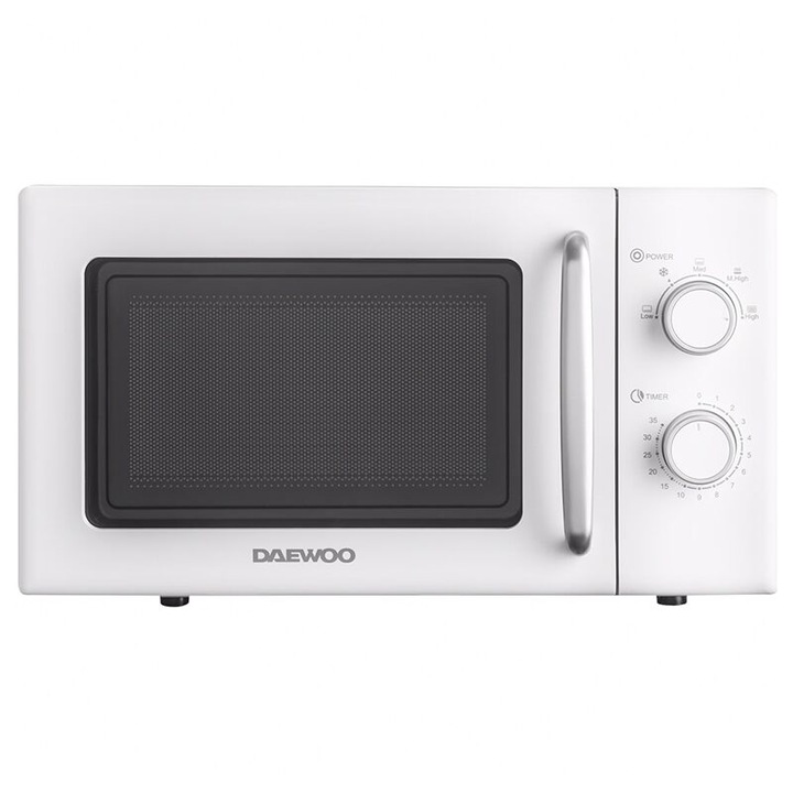 Cuptor cu microunde Daewoo Defrost 700 W, capacitate 20 l, Timer, Negru, Panou de comanda mechanic, Alb