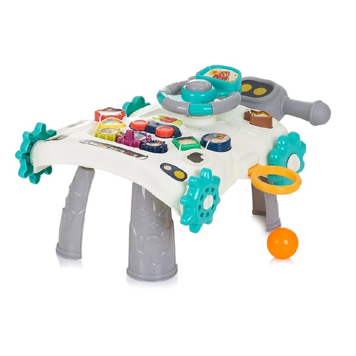 Óvodás 3 az 1-ben, hangokkal és fényekkel ellátott foglalkoztatóasztal, 6 hónapos kortól, 41x41x44 cm, fehér-szürke