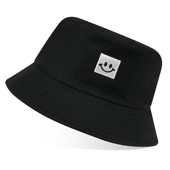 Palarie Bucket, Hggzeg, Sigla cu fata zambitoare, Unisex, Protectie UV, Pliabila, Spalat, Confortabil si respirabil, Pentru drumetii, camping, calatorii, pescuit, Poliester/Bumbac, 56-58cm, Negru