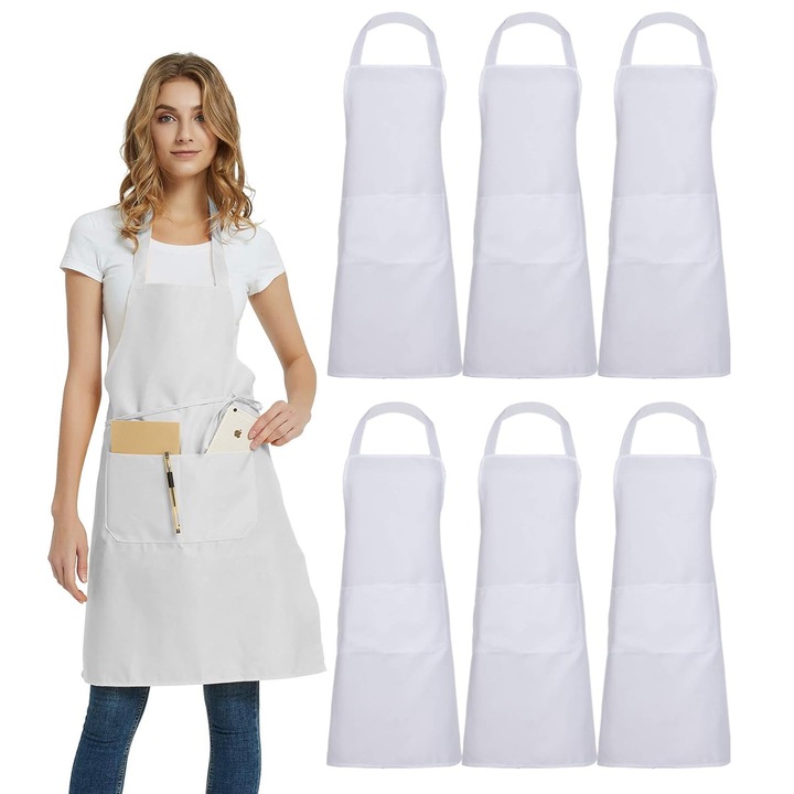 Set 6 Sort de Bucatar, Hggzeg, Respirabil, Usor de curatat, Cu 2 buzunare, Prindere la spate, unisex, Pentru gatit in bucatarie, gradinarit, Poliester, 75*65cm, Alb