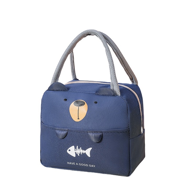 Geanta termoizolanta pentru copii, panza/folie de aluminiu, 22x12.5x19.5cm, cu fermoar si manere, 1.9L, albastru