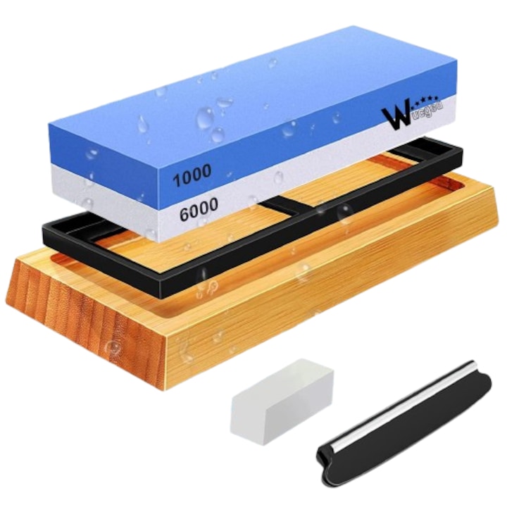 Japán élezőkő 1000/6000 szemcseméretű, csúszásmentes gumitalppal, szögvezetővel és szintezőkővel
