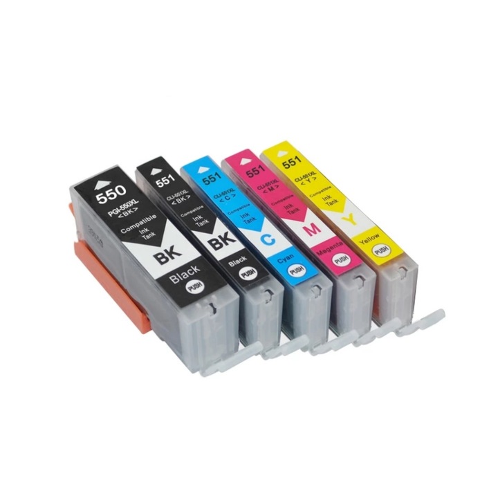 Set de 5 cartuse de cerneala compatibile PGI550XL, CLI551XL, Negru, Negru, Cyan, Magenta, Galben XL
