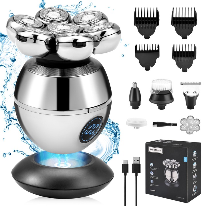Aparat de Ras Electric Profesional Damar, Tehnologie Avansata cu 7 Capete Rotative, Rezistent la Apa IPX7, Set Complet cu Trimmer de Precizie, Accesorii pentru Nas si Urechi, Burete de Curatare, Baza de Incarcare Wireless, Afisaj LED, Gri, Portabil