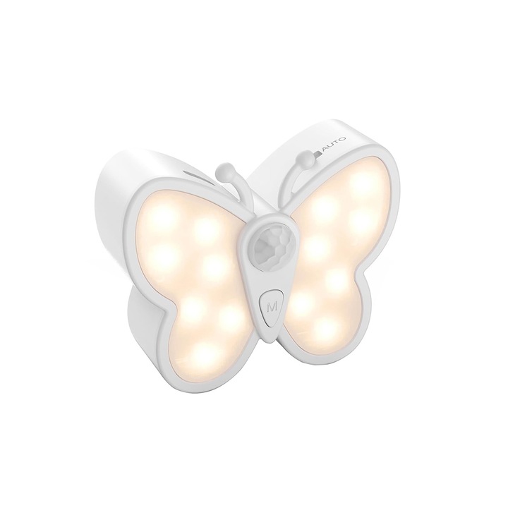 Светлина с LED със сензор за движение, акумулаторна нощна лампа тип пеперуда, 2 цветни температури, бяла, стикерна светлина за деца, спалня, стълби, коридор