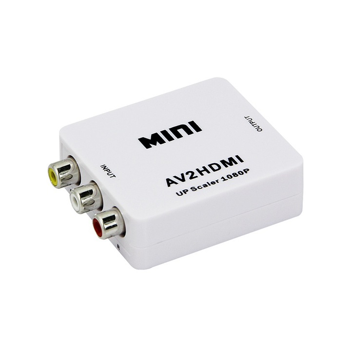 Adaptor mini convertor AV(RCA) la HDMI Full HD 1080p video si audio stereo, alb
