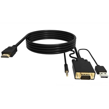 Cablu convertor HDMI tata Full HD 1080p la VGA tata, cu cablu usb si audio, 1.8m, negru Cablu convertor HDMI tata Full HD 1080p la VGA tata, cu cablu usb si audio, 1.8m, negru