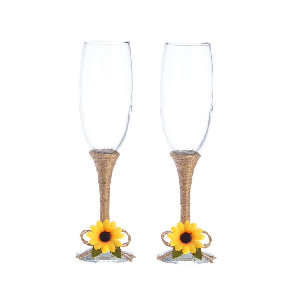 Set pahare sampanie nunta miri / nasi decorate cu iuta si floarea soarelui